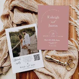 Modern Dusty Rosa Boho Bröllop QR OSA Photo Inbjudningar