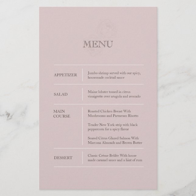 Modern Dusty Rosa Bröllop Menu (Framsida)
