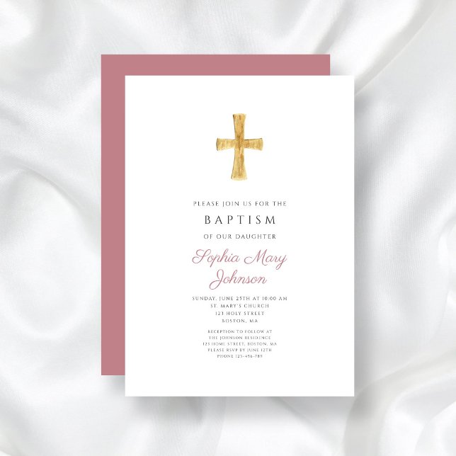 Modern Dusty Rosa Kor Religiösa Girl Girl Baptism Inbjudningar (Modern Dusty Pink Cross Religious Girl Baptism Invitation)