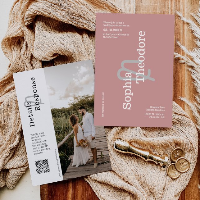 Modern Dusty Rosa Minimalist Bröllop QR-kodsfoto Inbjudningar (Skapare uppladdad)