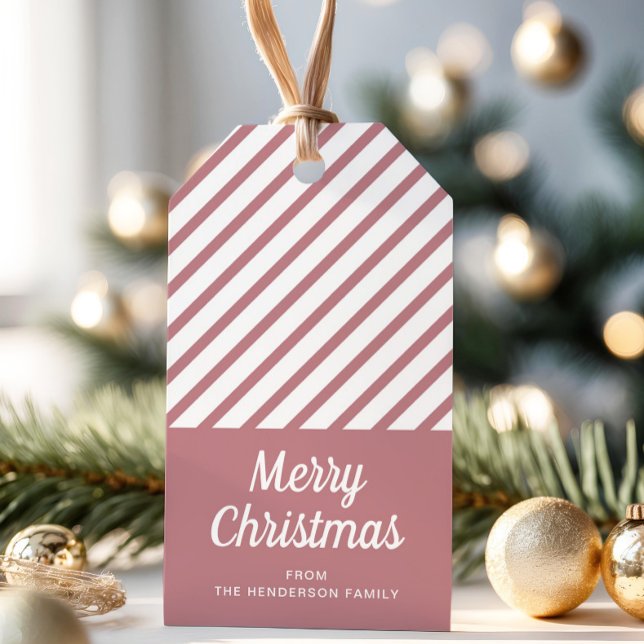 Modern Dusty Rosa Rand God jul Presentetikett (Modern Dusty Pink Stripes Merry Christmas Gift Tags)