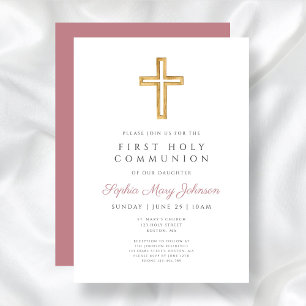 Modern Dusty Rosa Religiösa Girl First Communion Inbjudningar