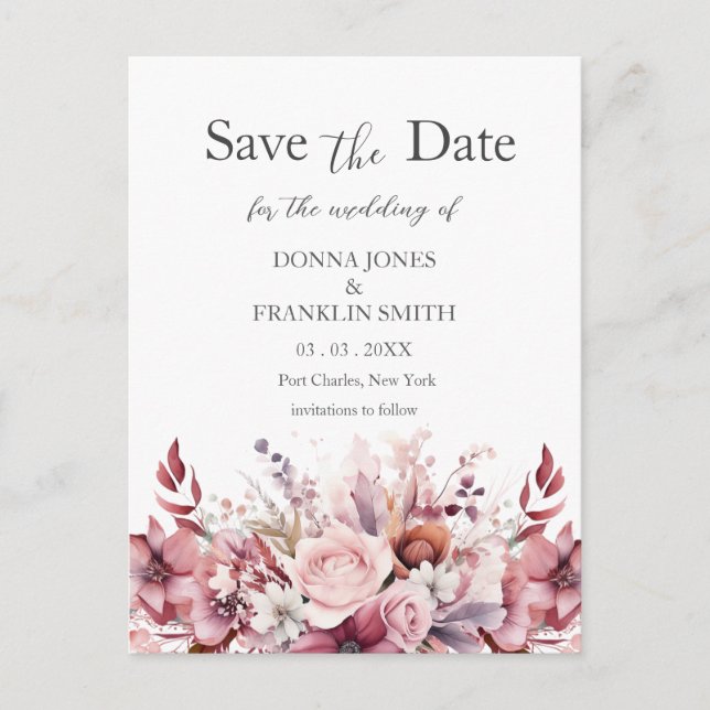 Modern Dusty Rose Pink Wedding Save the Date Vykort (Framsida)