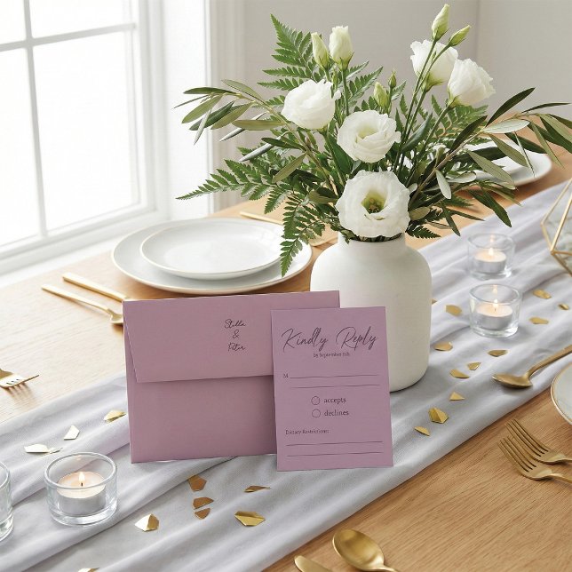 Modern Dusty Rose Script Kindly Reply Wedding OSA Kort (Skapare uppladdad)