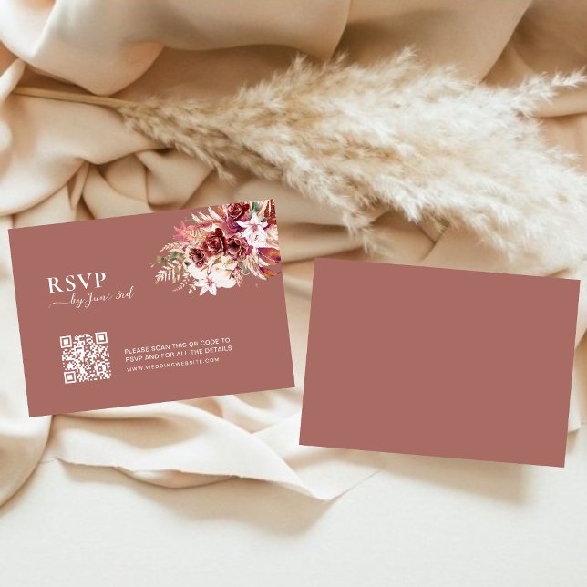 Modern Dusty Rosewood & Blush QR Code Wedding RSVP OSA Kort (Skapare uppladdad)