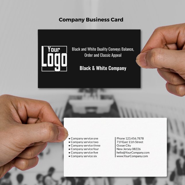 Modern Dynamic Black & White Company Visitkort (Modern Dynamic Black & White Company Business Card, Logo, Tagline, Service List)