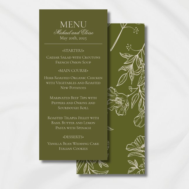 Modern Earth Tone Oliv grönt Bröllop-middag Meny (Modern Elegant Earth Tone Wedding Suite Theme with options to personalize for your special day.)