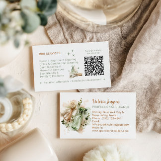 Modern Eco Cleaner Housekeeping QR Code Minimal Visitkort