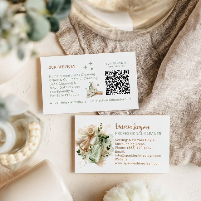 Modern Eco Cleaner Housekeeping QR Code Minimal Visitkort (Modern Eco Cleaner Housekeeping QR Code Minimal Business Card)
