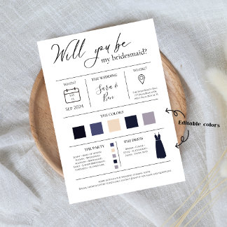 Modern Editable Färg Bridesmaid Frieri Info-bil Inbjudningar