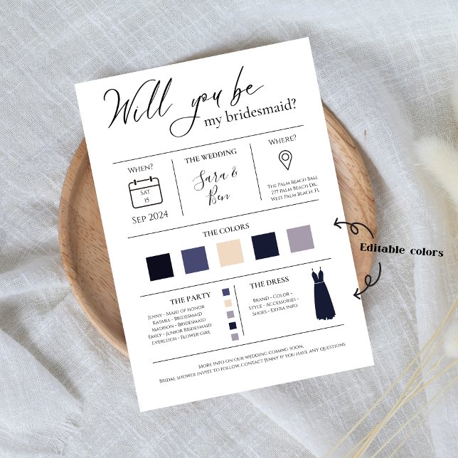 Modern Editable Färg Bridesmaid Frieri Info-bil Inbjudningar (Skapare uppladdad)