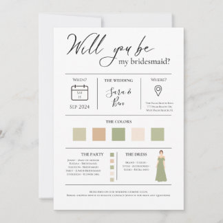 Modern Editable Färg Bridesmaid Frieri Info-bil Inbjudningar