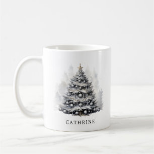 Modern, eget namn, svart och vit Julgran Kaffemugg