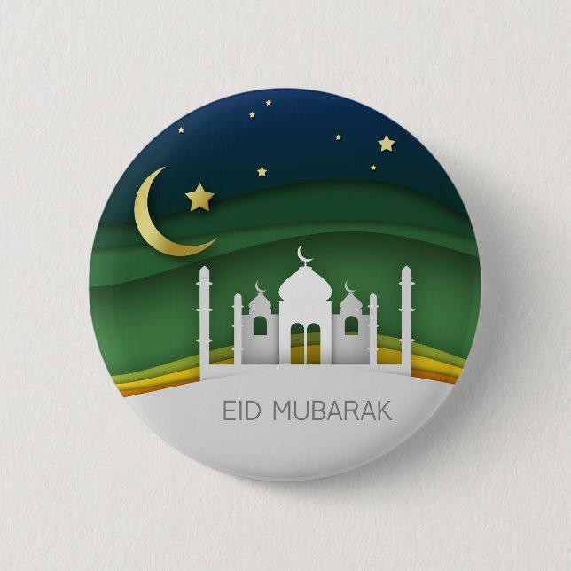 Modern Eid Mubarak Papper cut Mosque - Button Knapp (Framsida)
