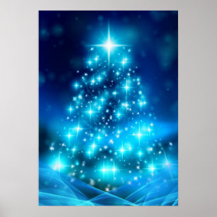 Modern Electric Blue Julgran med Ljus Poster