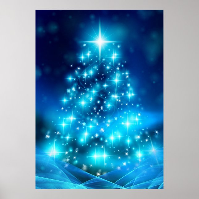 Modern Electric Blue Julgran med Ljus Poster (Framsidan)