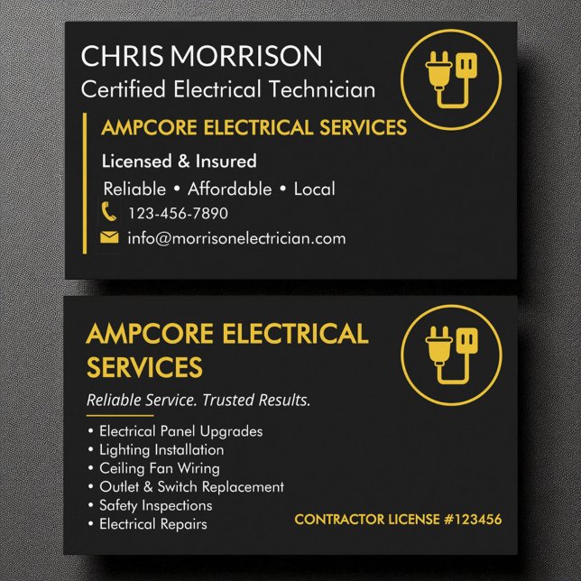 Modern Electrician Branding Black Gult Visitkort (Skapare uppladdad)