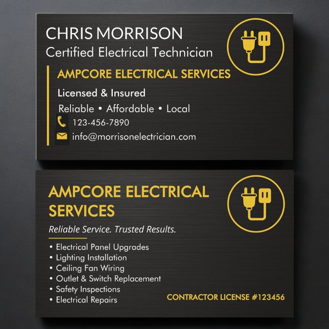 Modern Electrician Branding Black Yellow Metallic Visitkort (Skapare uppladdad)