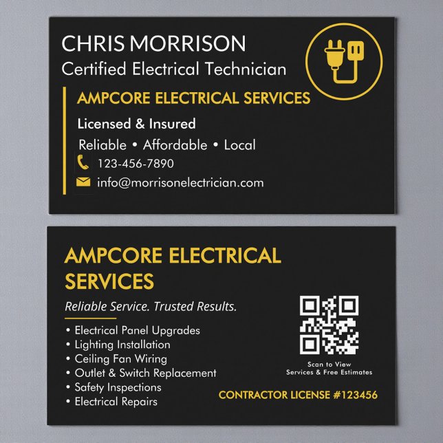 Modern Electrician Contractor QR Code Black Yellow Visitkort (Skapare uppladdad)