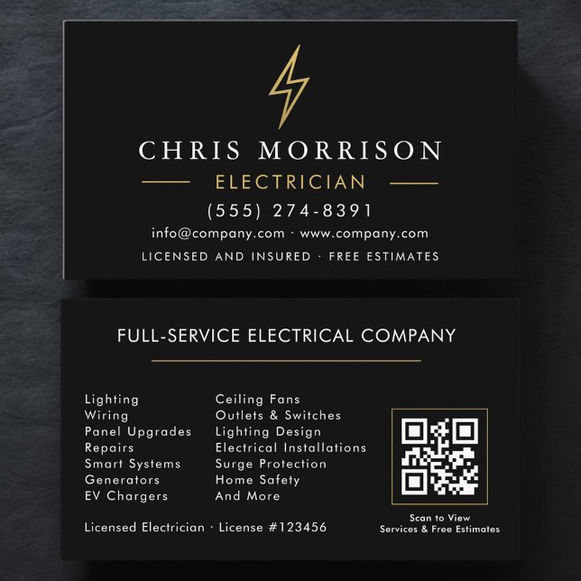 Modern Electrician QR Code Black Gold Minimal Visitkort (Skapare uppladdad)