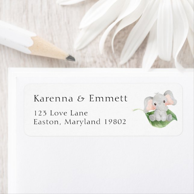 Modern Elefant Baby Shower Returadress Etikett (Insitu)