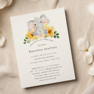 Modern elefant-Blommigt Kön Neutral babystötare Inbjudningar