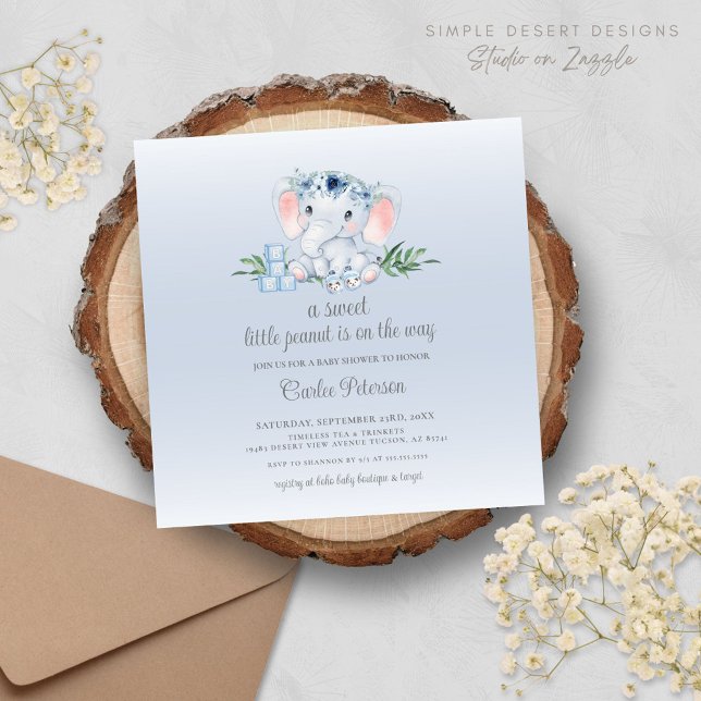 Modern elefant Pojke Baby Shower-inbjudan (Mondern Blue Baby Shower Invitation with Floral Greenery Accents and Vintage Aesthetics)