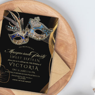 Modern Elegan Black Guld Masquerad 16:e födelsedag Inbjudningar