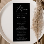 Modern Elegance Black and White Bröllop Meny<br><div class="desc">Enkel meny och elegant bröllop-meny med "Menu" som visas i ett modernt,  vitt skript med svart bakgrund eller färg efter eget val. Anpassa menyn Svart bröllop genom att lägga till namn,  datum och menyinformation för bröllop. Designad att samordna med vår moderna elegance bröllop-samling.</div>