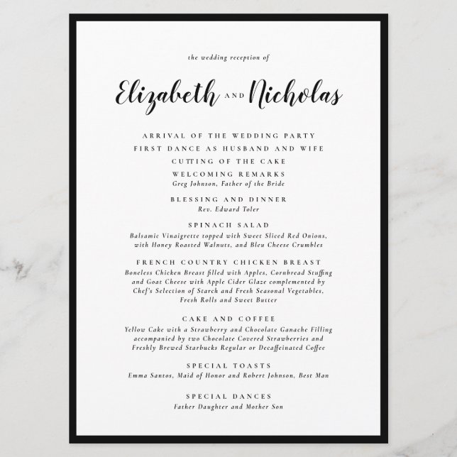 Modern Elegance Black and White Wedding Reception Program (Framsida)