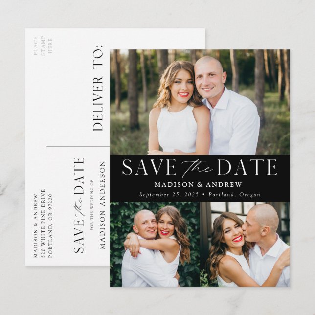 Modern Elegance Black Three Photo Save Date Meddelande Vykort (Fram/baksida)