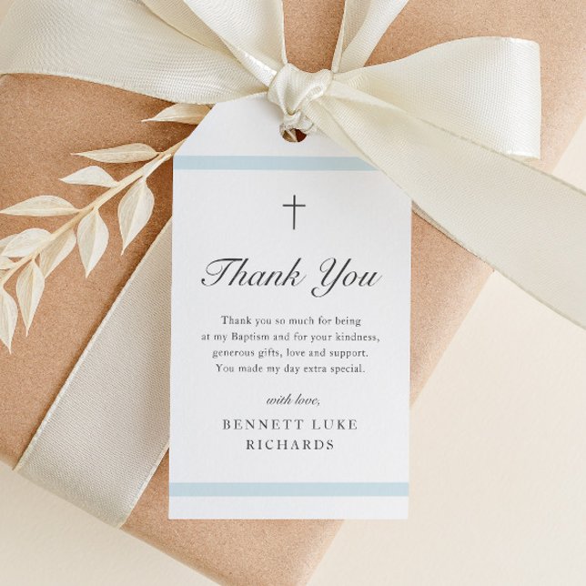 Modern Elegance Boys Baptism-Tackens favoriter Presentetikett (Simple script baptism thank you favor tag with light blue bars and minimal religious cross.)