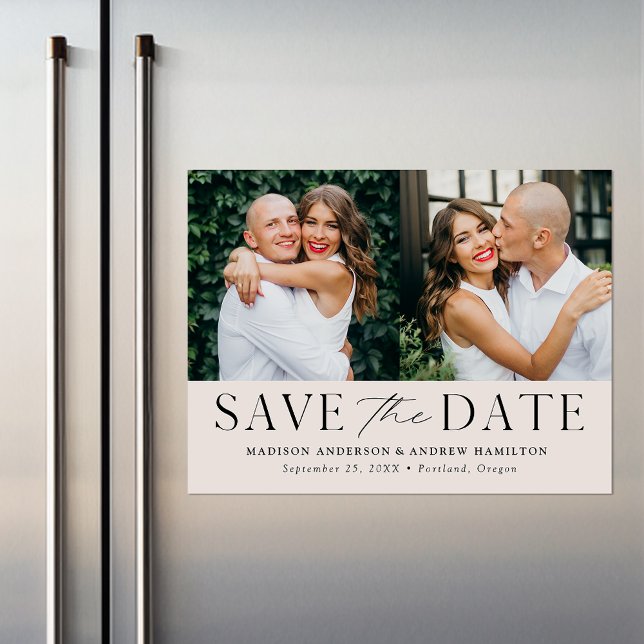 Modern Elegance Cream Two Photo Save Date Magnetisk Inbjudningskort (Skapare uppladdad)