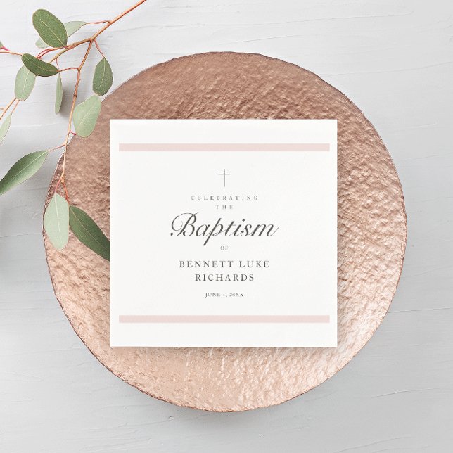 Modern elegance Girls Baptism Pappersservett (Modern girls baptism napkin with simple pink bars, script typography and simple cross. )