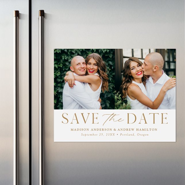 Modern Elegance Guld 2 Photo Save Date Magnetisk Inbjudningskort (Skapare uppladdad)
