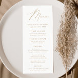 Modern Elegance Guld Bröllop Meny<br><div class="desc">Enkel meny och elegant bröllop-meny med "Menu" som visas i ett modernt skript i guld med vit bakgrund eller färg efter eget val. Anpassa menyn guld bröllop genom att lägga till namn,  bröllop datum och menyinformation. Designad att samordna med vår moderna elegance bröllop-samling.</div>