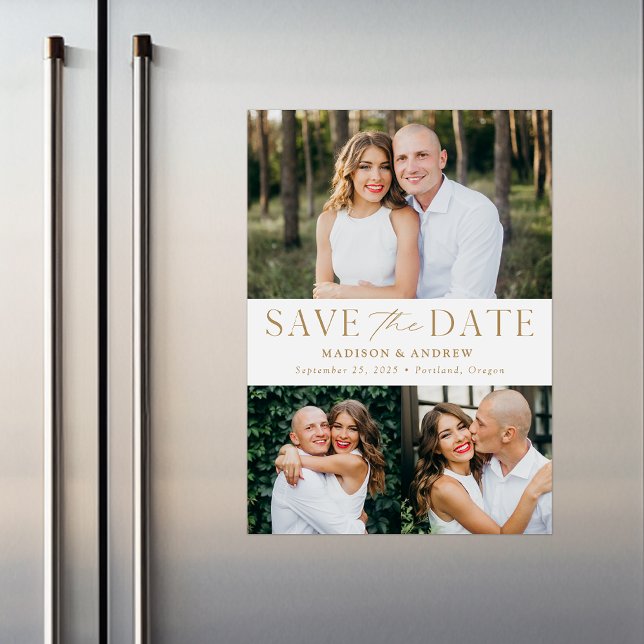 Modern Elegance Guld Three Photo Save Date Magnetisk Inbjudningskort (Skapare uppladdad)