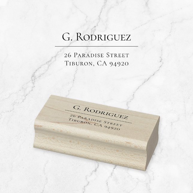 Modern elegance Line. Minimal typ. Adress 05b. Stämpel (Simple, classic, elegant typography wooden return address stamp with fine line, serif font.)