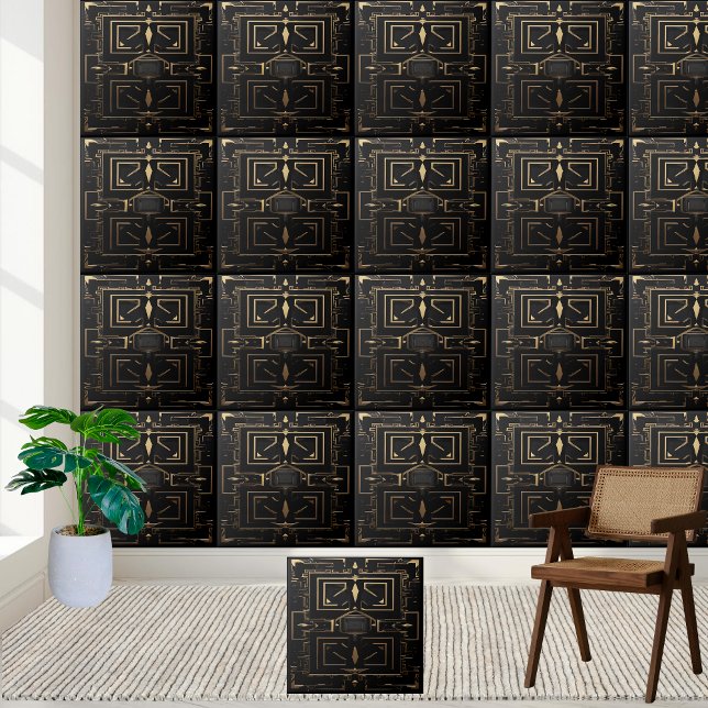 Modern Elegance Mörk Black Guld accent Grekiska Kakelplatta (Modern Elegance Dark Black Gold Accent Greek Ceramic Tile)