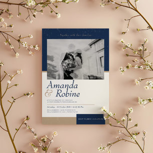 Modern Elegance Navy & Guld Bröllop Photo Inbjudningar