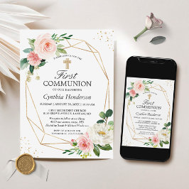 Modern Elegance Rosa Blommigt First Communion Inbjudningar