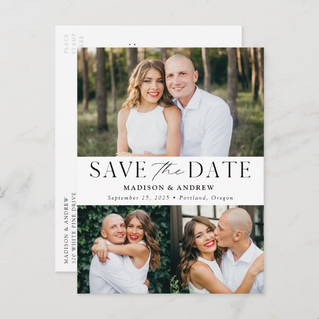 Modern Elegance Three Photo Save Date Meddelande Vykort (Fram/baksida)