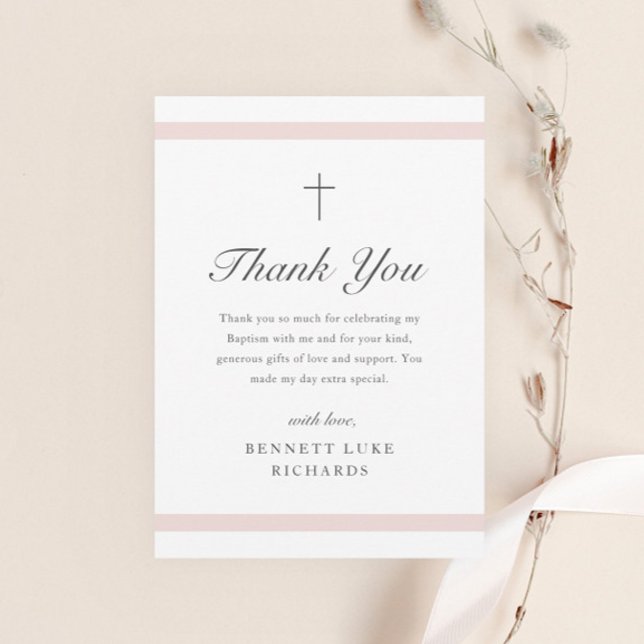 Modern Elegans Flickors Dop Tack Kort (Modern girls baptism thank you card with pink bars and elegant script typography with minimal cross.)