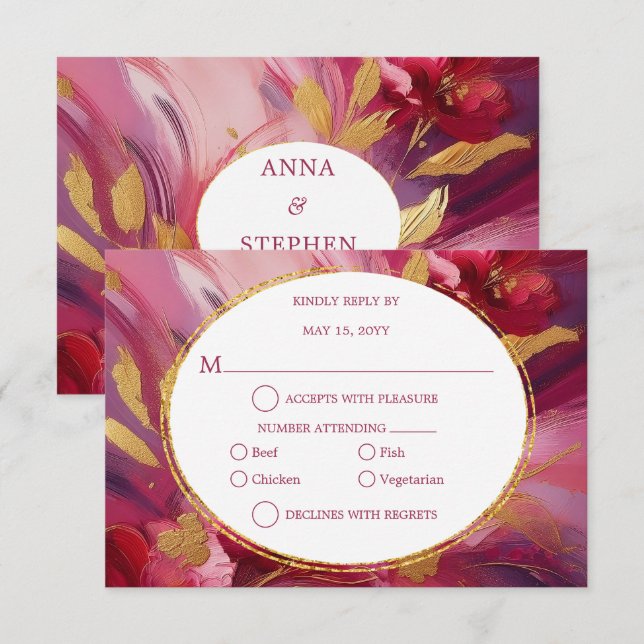 Modern Elegans: Fuchsia Rosa Guld RSVP OSA Kort (Fram/baksida)
