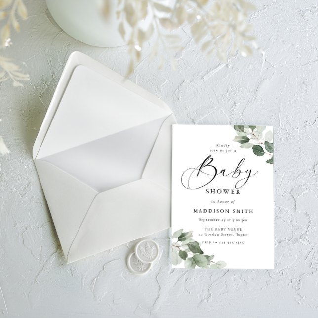 Modern Elegans Gröna blad Baby Shower Inbjudningar (Skapare uppladdad)