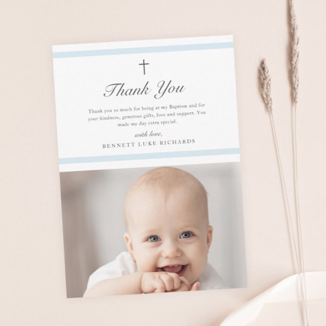 Modern Elegans Pojk Dop (Modern boys photo baptism thank you card with light blue bars and script type.)
