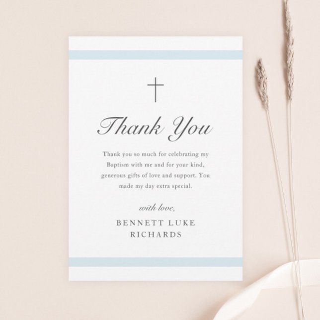 Modern Elegans Pojk Döpelse Tack Kort (Simple script baptism thank you card with light blue cards and minimal religious cross.)