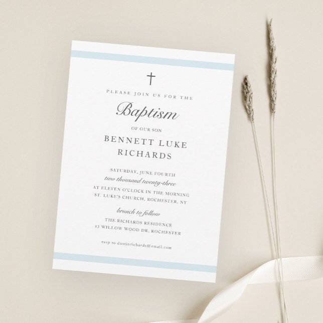 Modern Elegans Pojkars Dop Inbjudningar (Simple Elegant Blue Boys Baptism Invitations.)
