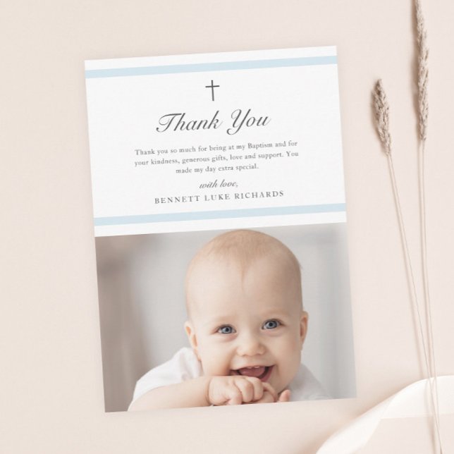 Modern Elegans Pojkars Dop Tackkort Vykort (Simple boys photo baptism thank you postcard.)
