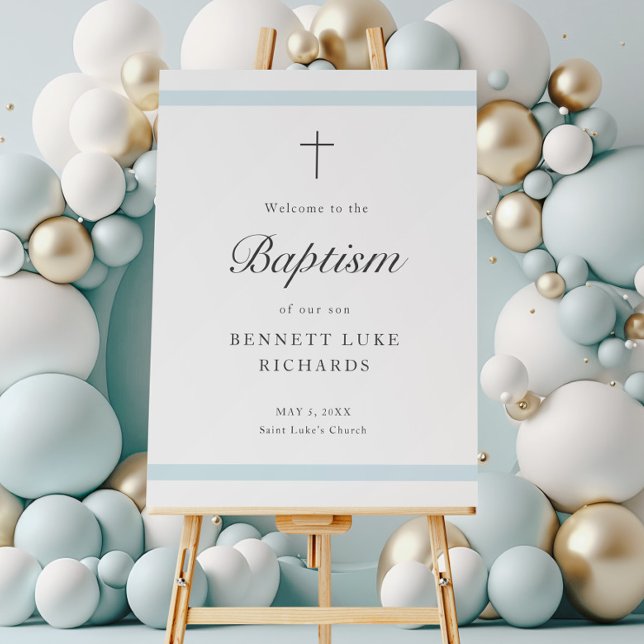Modern Elegans Pojkars Dop Välkommen Poster (An elegant boys baptism welcome sign poster. Also, available as a downloadable file.)